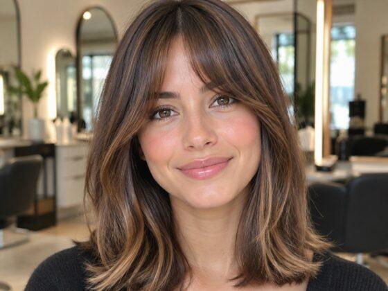 Flequillo cortina con melena castaña y mechas caramelo en Atelier Estilistas, peluquería en Avilés