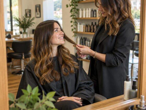 Estilista de Atelier asesorando a una clienta en la peluquería de Avilés