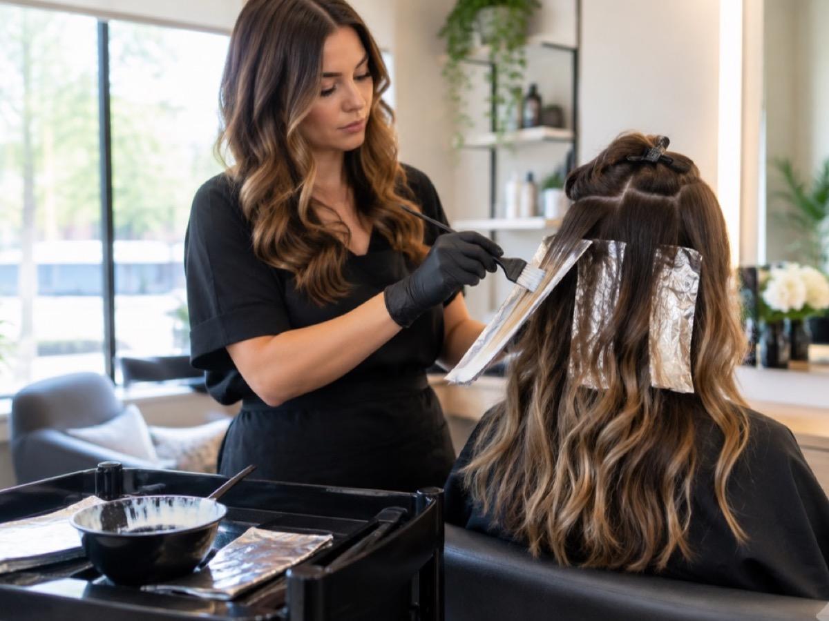 Colorista aplicando mechas balayage en Atelier Estilistas, peluquería en Avilés